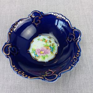 Romania Porcelain Cobalt with Flowers Gold Edges Ceroc Cluj-Napoca Snack Dish